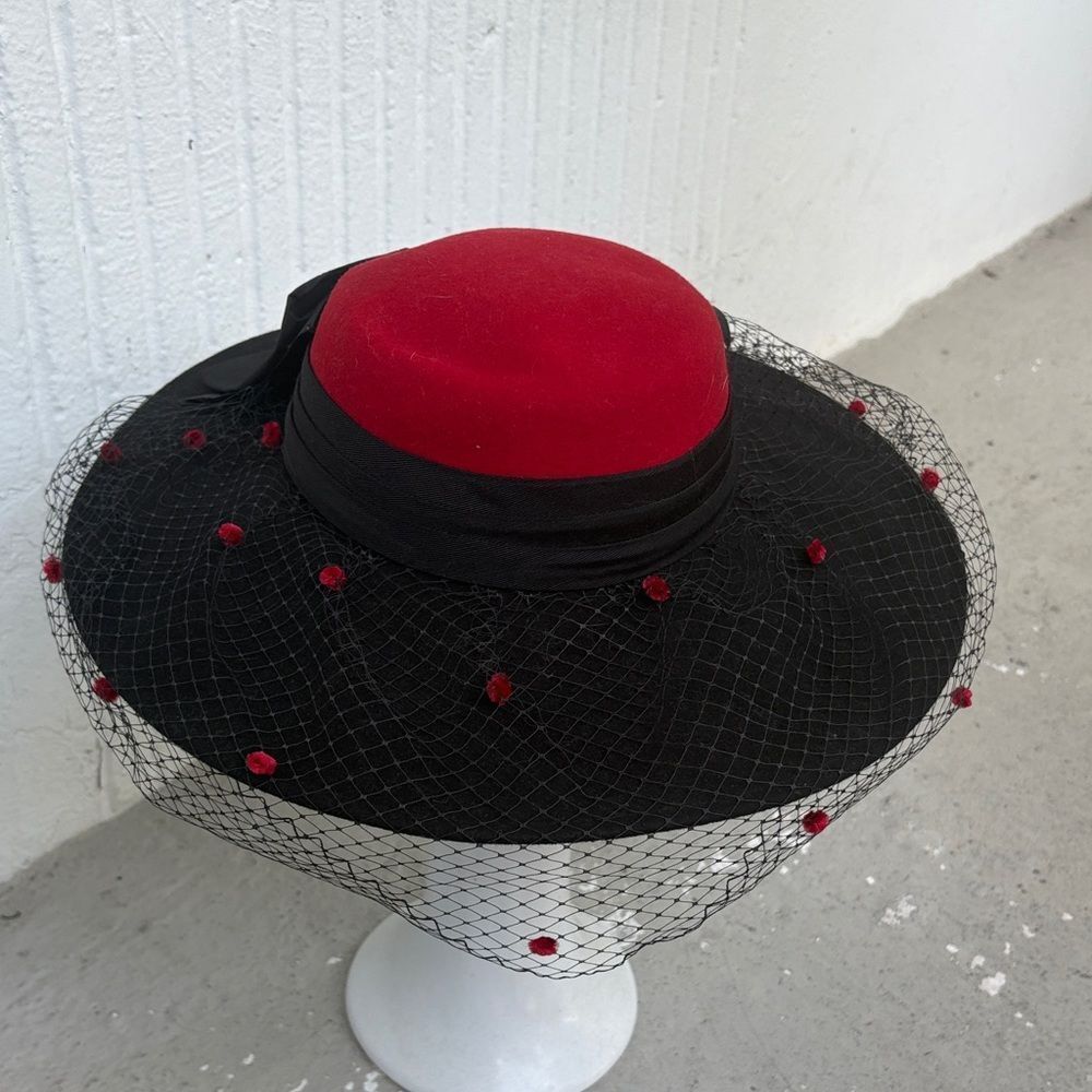 Vintage-Inspired Black and Red Veiled Pillbox Hat